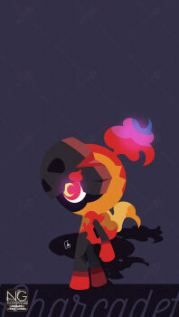 1other black_helmet charcadet crescent-shaped_pupils crescent_moon fiery_clothing fire flaming_eyes full_body helmet highres meme_(sleepsheep) moon nintendo pokemon pokemon_(creature) pokemon_focus red_hair solo symbol-shaped_pupils