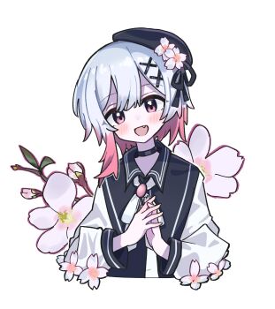 1girl :d absurdres beret black_choker black_hat cherry_blossoms choker fang floral_print flower hair_flower hair_ornament hands_up hashtag-only_commentary hat highres long_sleeves looking_at_viewer mahou_shoujo_no_majo_saiban multicolored_hair open_mouth own_hands_together package_(kazama0819) pink_eyes pink_hair sakuraba_ema short_hair smile solo two-tone_hair upper_body white_background white_flower white_hair x_hair_ornament