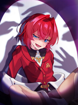 1girl :d absurdres ange_katrina ange_katrina_(1st_costume) bare_legs blue_eyes cardigan coat_partially_removed commentary_request crossed_bangs feet_out_of_frame flat_chest hair_between_eyes hair_intakes hair_ornament highres knees_up looking_at_viewer medium_hair multicolored_eyes nervous_smile nijisanji open_mouth osho_oseki purple_eyes red_cardigan red_hair shaded_face shadow sitting smile solo spotlight surrounded_by_hands sweat triangle_hair_ornament two-tone_eyes uneven_eyes virtual_youtuber