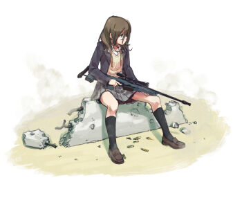 1girl ai_arctic_warfare black_socks bolt_action brown_hair brown_shoes cigarette concrete denchuubou full_body green_eyes grey_jacket grey_skirt gun jacket kneehighs long_hair original pleated_skirt rebar rifle school_uniform shoes sitting skirt sniper_rifle socks solo weapon white_background