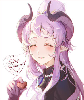 Rule 34 | 1girl, absurdres, blush, candy, chocolate, chocolate heart, closed eyes, dated, facing viewer, food, gloves, hair bun, hand up, happy valentine, heart, heart-shaped food, highres, holding, holding chocolate, holding food, homare (princess connect!), horns, long hair, parted lips, pointy ears, portrait, princess connect!, purple gloves, purple hair, qianlilingjiang, sidelocks, solo, valentine, white background