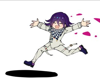 1boy checkered_neckerchief closed_eyes danganronpa_(series) danganronpa_v3:_killing_harmony hair_between_eyes highres jacket long_sleeves male_focus medium_hair neckerchief oma_kokichi open_mouth outstretched_arms pants purple_hair shoes simple_background white_background white_jacket white_pants youko-shima