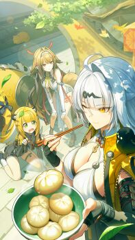 1boy 3girls abdooly111 animal_ears bird black_bird black_gloves blonde_hair bowl breasts brown_hair chopsticks commentary_request day dress drooling fingerless_gloves food gloves green_eyes grey_hair high-waist_shorts highres holding holding_bowl holding_chopsticks jacket ju_fufu large_breasts long_hair looking_at_another multiple_girls one_eye_closed outdoors pan_yinhu panda_boy red_eyes shorts sleeping smile steamed_bun striped_fur tail tiger_ears tiger_girl tiger_stripes tiger_tail white_dress ye_shunguang yellow_eyes yellow_jacket yixuan_(zenless_zone_zero) zenless_zone_zero