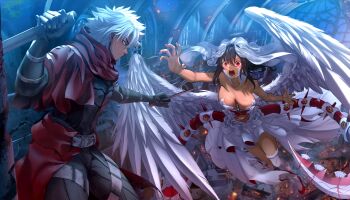 1boy 1girl absurdres armor black_armor black_hair bridal_veil charging_forward church dress emiya_kiritsugu emiya_kiritsugu_(assassin) extra_eyes fate/grand_order fate/zero fate_(series) feathered_wings fighting fire flower harukey highres holding holding_knife knife navel red_eyes red_shoes scythe shirley_(fate) shoes spikes stabbed_heart tentacles thighhighs vampire veil wedding_dress white_flower white_hair white_thighhighs wings