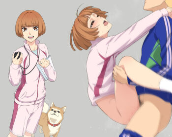 1boy 1girl animal animal_collar blunt_bangs blush bob_cut bottomless brown_eyes brown_hair character_request clothed_sex collar commentary_request dog fucked_silly gym_uniform hetero holding holding_notepad holding_stopwatch hug interlocked_fingers jacket jewelry katsuta_hanako kaze_ga_tsuyoku_fuiteiru legs_grab long_sleeves looking_at_viewer male_pubic_hair mushiro_(nijie728995) necklace notepad open_mouth own_hands_clasped own_hands_together pubic_hair rolling_eyes saliva sex shiba_inu short_hair shorts simple_background smile solo_focus spread_legs standing stopwatch suspended_congress sweat tongue tongue_out track_jacket vaginal watch zipper