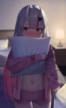 1girl absurdres bedroom blurry blurry_background blush clothes_tug commentary_request covered_mouth cowboy_shot desk_lamp dolphin_shorts grey_hair hair_between_eyes hair_between_horns highres holding holding_pillow hololive horns hugging_object indoors jacket kakinotane_e lamp long_hair long_sleeves looking_at_viewer multicolored_hair nakiri_ayame navel nightstand nose_blush open_clothes open_jacket pillow pillow_hug pink_jacket pink_shorts red_eyes red_hair red_streaks revision short_shorts shorts sleeves_past_wrists standing straight_hair streaked_hair thigh_gap very_long_hair virtual_youtuber white_horns