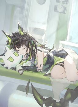 Rule 34 | 1girl, ahoge, arknights, bare shoulders, belt, belt buckle, black belt, black hair, blanket, buckle, closed eyes, commentary, green hair, huge ahoge, long hair, lying, material growth, mon3tr (arknights), multicolored hair, oripathy lesion (arknights), parted lips, pimi, sleeping, solo, stuffed animal, stuffed toy, symbol-only commentary, thigh belt, thigh strap