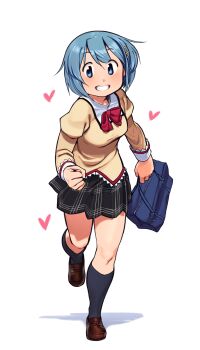 1girl :d absurdres bag blue_eyes blue_hair blush bow bowtie breasts brown_shoes cardigan commentary english_commentary full_body gloamy grey_socks hair_ornament hairclip heart highres holding juliet_sleeves kneehighs loafers long_sleeves looking_at_another looking_at_viewer mahou_shoujo_madoka_magica medium_breasts medium_hair miki_sayaka mitakihara_school_uniform open_mouth plaid_clothes plaid_skirt pleated_skirt puffy_sleeves red_bow red_bowtie school_bag school_uniform shirt shoes short_hair simple_background skirt smile socks solo standing white_background white_shirt