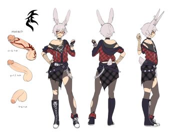 1boy androgynous animal_ear_piercing animal_ears asymmetrical_footwear asymmetrical_gloves barbell_piercing black_choker black_nails boots bracelet choker commission erection facial_tattoo fingerless_gloves fishnet_gloves fishnets from_behind from_side full_body glans_piercing glasses gloves hair_ornament hairclip highres jewelry lace-up_boots large_ears male_focus measurements mismatched_footwear mismatched_gloves mokotoko9 nipple_slip nipples off_shoulder original pantyhose penis penis_piercing penis_tattoo pentagram piercing rabbit_boy rabbit_ears rabbit_tail red_eyes reference_sheet semi-rimless_eyewear shoes short_hair simple_background smile sneakers spiked_belt spiked_bracelet spikes tail tattoo testicles torn_clothes torn_pantyhose trap white_background