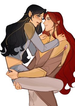Rule 34 | 2boys, black hair, blue eyes, blush, braid, carrying, carrying person, cousins, elf, eyebrows hidden by hair, eyelashes, fingon, hand on another's ass, hands on another's shoulders, issa crimson, long hair, lower teeth only, maedhros, male focus, multiple boys, open mouth, parted bangs, parted lips, pointy ears, profile, red hair, simple background, source request, teeth, the silmarillion, tolkien's legendarium, white background, yaoi