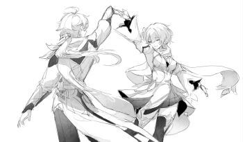 1boy 1girl aether_(as_heaven_and_earth_are_made_anew)_(genshin_impact) aether_(genshin_impact) ahoge armpits belt boots breasts brother_and_sister cape closed_eyes closed_mouth commentary_request cowboy_shot detached_sleeves dress earrings feathers fingerless_gloves floating_cape floating_hair flower from_behind genshin_impact gloves greyscale hair_between_eyes hair_flower hair_ornament hair_ribbon jacket jewelry juliet_sleeves leonrui long_hair long_sleeves low_ponytail lumine_(as_heaven_and_earth_are_made_anew)_(genshin_impact) lumine_(genshin_impact) medium_breasts monochrome official_alternate_costume official_alternate_hairstyle pants ponytail puffy_long_sleeves puffy_sleeves ribbon short_hair siblings sidelocks simple_background single_earring smile standing star_(symbol) star_earrings teeth thigh_boots two-tone_dress wavy_hair wide_sleeves