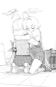 2girls absurdres ahoge blood blue_archive bulletproof_vest closed_eyes closed_mouth elbow_pads full_body greyscale halo highres hoshino_(blue_archive) hoshino_(first_year)_(blue_archive) hug injury kneeling long_hair long_sleeves monochrome multiple_girls necktie parack shirt_tucked_in shoes short_hair skirt socks tile_floor tiles yume_(blue_archive)