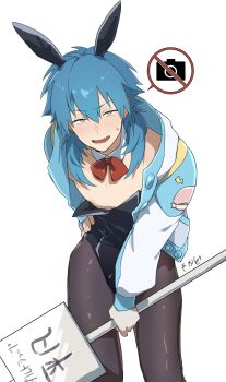 Rule 34 | 1boy, absurdres, alternate costume, animal ears, black pantyhose, blue hair, blush, bow, bowtie, collared jacket, commentary, crossdressing, crossdressing (mtf), detached collar, dramatical murder, fake animal ears, feet out of frame, grey eyes, hair behind ear, hair between eyes, hand on own hip, highres, holding, holding sign, jacket, leaning forward, leotard, long hair, long sleeves, looking at viewer, male focus, male playboy bunny, mokado375, nervous sweating, open clothes, open jacket, open mouth, pantyhose, rabbit ears, red bow, red bowtie, sanpaku, seragaki aoba, shiny clothes, sign, smile, solo, speech bubble, standing, sweat, sweatdrop, symbol-only commentary, white background