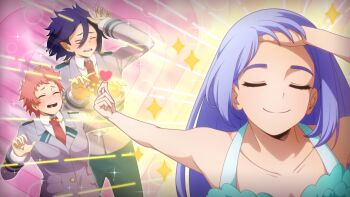 1boy 2girls amajiki_tamaki black_hair blue_dress blue_hair blush boku_no_hero_academia breasts closed_eyes closed_mouth double-parted_bangs dress green_pants grey_jacket hado_nejire hair_between_eyes haya_yuuyu heart highres jacket kyochakocchis large_breasts long_hair long_sleeves meme multiple_girls naoya_hitting_choso_without_looking_(meme) necktie pants red_hair red_necktie school_uniform short_hair smile u.a._school_uniform very_long_hair