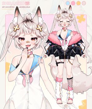1girl absurdres animal_ear_fluff animal_ears bandaid bandaid_on_face bandaid_on_nose barefoot black_bra black_jacket black_nails blush bra breasts chain closed_eyes collar fang feet fox_ears fox_girl fox_tail hair_ornament hayate_fish highres indie_virtual_youtuber jacket laughing leg_warmers legs official_art open_mouth orange_eyes pink_collar reference_sheet shirahiko_(vtuber) shirt short_eyebrows single_fishnet_legwear small_breasts standing tail thigh_strap thighs toes twintails underwear virtual_youtuber white_shirt x_hair_ornament