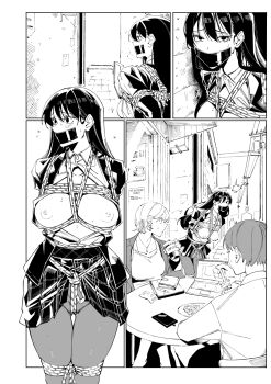 2girls absurdres arms_behind_back bdsm black_hair blouse blush bondage bound bound_ankles bound_arms bound_legs bound_thighs bound_torso bound_wrists breast_bondage breasts collared_shirt cortch_rope crotch_rope duct_tape eating embarrassed female_focus food fork gag gagged harris_hero highres holding improvised_gag jacket long_hair long_sleeves medium_breasts monochrome multiple_girls nipples original restrained rope school_uniform shibari shibari_over_clothes shirt short_hair skirt standing tape tape_gag white_shirt