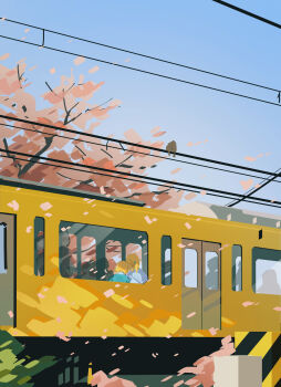 1boy 1girl absurdres blonde_hair blue_hoodie blue_shirt cherry_blossoms ckkustar contemporary couple falling_petals hair_tie hetero highres hood hood_down hoodie leaning_on_person link medium_hair nintendo petals pink_petals pointy_ears ponytail power_lines princess_zelda shirt short_hair short_ponytail the_legend_of_zelda the_legend_of_zelda:_breath_of_the_wild the_legend_of_zelda:_tears_of_the_kingdom train