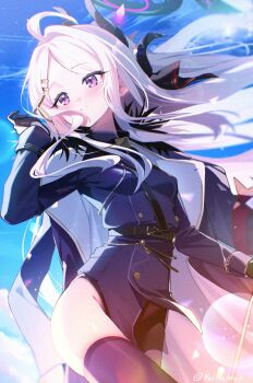 1girl ahoge armband belt black_belt black_coat blue_archive blue_sky blush breasts coat coat_on_shoulders commentary_request demon_girl demon_horns felnemo highres hina_(blue_archive) horns long_hair outdoors purple_eyes red_armband sky small_breasts solo very_long_hair white_hair