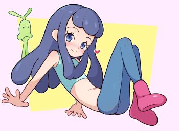 1girl blue_eyes blue_hair blue_pants blush boots chroniko closed_mouth commentary heart kaiba long_hair looking_at_viewer navel pants pepzi pink_boots smile solo