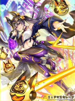 Rule 34 | 1girl, arm up, asymmetrical sleeves, black hair, breasts, character name, commentary request, cropped jacket, duel monster, high heels, i:p masquerena, kalian, leg up, leggings, long hair, looking at viewer, mask, mask on head, medium breasts, midriff, official alternate costume, official style, purple eyes, sample watermark, see-through clothes, see-through sleeves, single wide sleeve, solo, twintails, watermark, yu-gi-oh!, yu-gi-oh! master duel