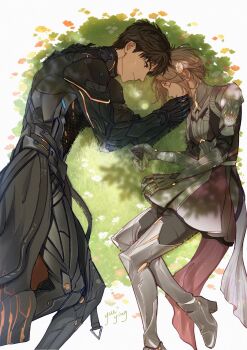 1boy 1girl armor armored_boots black_armor black_bodysuit blonde_hair bodysuit boots breasts brown_hair caleb_(love_and_deepspace) closed_eyes foot_out_of_frame hair_between_eyes highres light_smile looking_at_another love_and_deepspace medium_breasts official_alternate_costume official_alternate_hairstyle parted_bangs protagonist_(love_and_deepspace) short_hair sleeping yueying_vmai