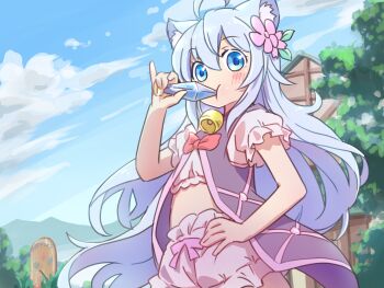 1girl animal_ears bell bloomers blue_eyes cheat_kusushi_no_slow_life drinking flower hair_flower hair_ornament hand_on_own_hip highres icorasama long_hair midriff neck_bell noela_(cheat_kusushi_no_slow_life) outdoors potion puffy_short_sleeves puffy_sleeves short_sleeves sky solo underwear very_long_hair wolf_ears wolf_girl
