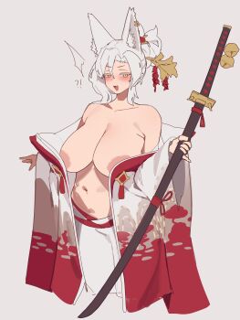 !? 1girl :d absurdres animal_ears areola_slip bell blush breasts colored_eyelashes commentary_request cosplay embarrassed grey_background gya_rb highres holding holding_sword holding_weapon huge_breasts jingle_bell katana kimono_partially_removed looking_at_viewer navel open_mouth pinky_out ran_(trickcal) simple_background slit_pupils smile solo sword trickcal uros_(trickcal) uros_(trickcal)_(cosplay) weapon white_eyelashes white_hair wide_sleeves wolf_ears yellow_eyes