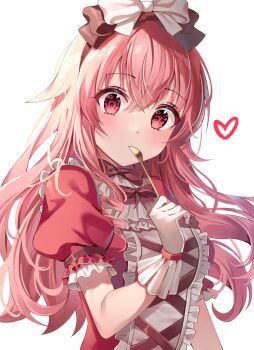 1girl bib_collar black_bow bow bowtie covered_mouth cross-laced_clothes cross-laced_dress derivative_work dress frilled_dress frilled_gloves frilled_shirt_collar frilled_sleeves frills gin_(gin937) gloves grey_bow hair_between_eyes hair_bow heart highres himitsu_no_valentine_daisakusen!_(project_sekai) holding holding_spoon long_hair looking_at_viewer momoi_airi official_alternate_costume official_alternate_hair_length official_alternate_hairstyle pink_hair project_sekai puffy_sleeves red_bow red_bowtie red_dress red_eyes simple_background solo spoon white_background white_gloves