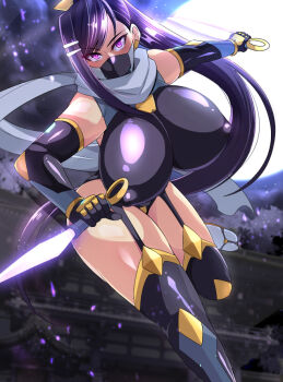 1girl breasts female_focus highleg highleg_leotard huge_breasts knee_high_boots kunai leotard moon night ninja nishida_megane scarf solo tagme taimanin_suit weapon