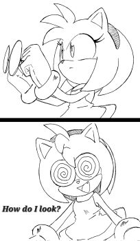 1girl 2koma amy_rose bracelet child coke-bottle_glasses comic dress eyelashes fang glasses gloves hairband highres jewelry looking_up medium_hair petite randomguy999 sega smile sonic_(series) traditional_media
