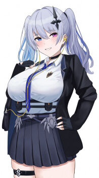 Rule 34 | 1girl, absurdres, armored skirt, belt, black gloves, black skirt, blue eyes, blue necktie, blush, breasts, chest harness, choker, collared shirt, cross, earphones, fingerless gloves, gloves, grey hair, harness, heterochromia, highres, inverted cross, jacket, jewelry, kukro, large breasts, light smile, miniskirt, necktie, neo-porte, open clothes, open jacket, parted lips, pink eyes, pleated skirt, shirt, skirt, solo, tented shirt, tentei forte, tentei forte (2nd costume), thigh strap, tight clothes, twintails, underbust, virtual youtuber, white background, white shirt