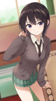 1girl absurdres arm_support black_cardigan black_hair black_necktie boku_wa_tomodachi_ga_sukunai cardigan closed_mouth collared_shirt hand_up highres indoors long_sleeves looking_at_viewer mikazuki_yozora miniskirt necktie plaid_clothes plaid_skirt playing_with_own_hair purple_eyes school_uniform shirt short_hair skirt solo st._chronica_academy_school_uniform standing white_shirt yanagi_marie