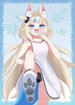 1girl absurdres ahoge animal_ear_fluff animal_ears black_panties blonde_hair blue_eyes blue_streaks cameltoe cat_ears commentary covering_own_mouth dress english_commentary eyebrows_hidden_by_hair fang female_focus fins fish_girl fish_tail hair_ornament hair_scrunchie hand_over_own_mouth highres indie_virtual_youtuber lifebuoy_hair_ornament loli long_hair low_twintails multicolored_hair one_side_up panties pantyshot rei_(2812q) sameko_saba scrunchie shoes simple_background skin_fang solo streaked_hair tail twintails underwear very_long_hair white_dress white_shoes white_streaks