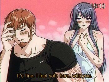 1990s_(style) 1boy 1girl arm_hair beard black_eyes black_hair blush breasts brown_eyes chromatic_aberration closed_eyes commentary_request degrees_of_lewdity doren_(degrees_of_lewdity) doren_(male)_(degrees_of_lewdity) dy0urre1n english_text facial_hair fake_screenshot film_grain hetero korean_commentary large_breasts muscular muscular_male naked_towel player_character_(degrees_of_lewdity) player_character_(female)_(degrees_of_lewdity) retro_artstyle shirt smile subtitled t-shirt towel vhs_artifacts wet yuri_(dy0urre1n)