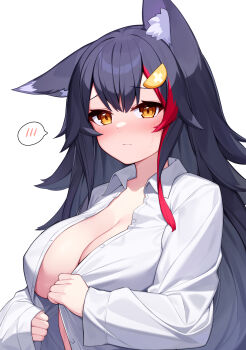 1girl absurdres animal_ear_fluff animal_ears blush breasts cleavage closed_mouth deaver hair_ornament highres hololive large_breasts long_hair long_sleeves multicolored_hair ookami_mio open_clothes open_shirt red_hair simple_background solo spoken_blush streaked_hair upper_body virtual_youtuber white_background wolf_ears wolf_girl yellow_eyes