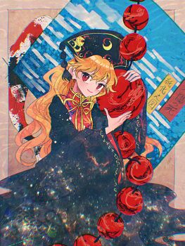 Rule 34 | 1girl, beads, black dress, blonde hair, commentary request, dalachi (headdress), dress, highres, itomugi-kun, junko (touhou), long hair, long sleeves, looking at viewer, neck ribbon, red eyes, red tabard, ribbon, smile, solo, tabard, touhou, translation request, wide sleeves, yellow ribbon