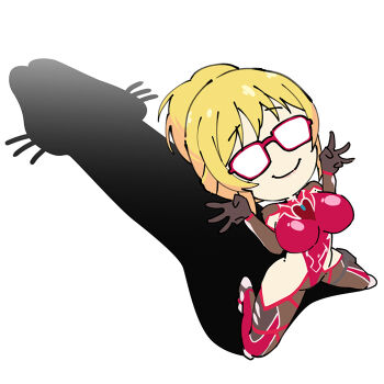 1girl blonde_hair blush bodysuit breasts cat_shadow_puppet_(meme) chibi full_body glasses gloves green_eyes hair_bun kneeling kosaka_shizuru large_breasts leotard long_hair looking_ahead looking_up meme penis_shadow pun red_leotard smile solo standing taimanin_(series) taimanin_rpgx taimanin_yukikaze taimanun w what