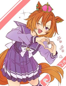 Rule 34 | 1girl, animal ears, blush, bow, bowtie, breasts, commentary request, crown, domdam80, hair between eyes, heart, heart hands, horse ears, horse girl, horse tail, long sleeves, looking at viewer, mini crown, one eye closed, open mouth, orange hair, orange tail, pink crown, pleated skirt, purple eyes, purple sailor collar, purple serafuku, purple shirt, purple skirt, purple thighhighs, sailor collar, sailor shirt, school uniform, serafuku, shirt, short hair, skirt, smile, solo, t.m. opera o (umamusume), tail, thighhighs, tracen school uniform, umamusume, white bow, white bowtie
