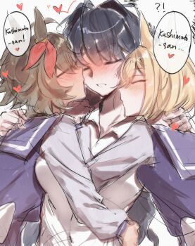 3girls absurdres animal_ears black_hair blonde_hair blush breasts brown_hair character_request closed_eyes commentary english_commentary girl_sandwich hand_on_another's_neck heart highres horse_ears horse_girl hug kashimoto_riko kiss kissing_cheek kissing_neck large_breasts long_hair multiple_girls parted_lips purple_sailor_collar purple_shirt sailor_collar sandwiched school_uniform shirt tracen_school_uniform umamusume wapi_ww white_shirt yuri