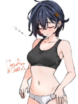 1girl bare_shoulders belle_(zenless_zone_zero) black_shirt blue_hair blush breasts cleavage closed_eyes closed_mouth collarbone commentary_request cowboy_shot crop_top crossed_bangs hair_between_eyes hair_ornament highres letter_hair_ornament medium_breasts midriff navel panties shirt short_hair simple_background solo twitter_username ukitamilk underwear white_background white_panties zenless_zone_zero zzz