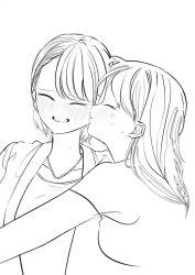 2girls ^_^ animated blush brown_hair brown_shirt closed_eyes collarbone derivative_work facing_another facing_viewer hand_on_another&#039;s_shoulder heart irasutoya jacket jewelry kiss kissing_cheek lineart long_hair making-of monochrome multiple_girls necklace nose_blush open_clothes open_jacket open_mouth original pearl_necklace pink_shirt profile pucoreco red_jacket shirt short_sleeves simple_background sketch smile sweat upper_body video white_background yuri