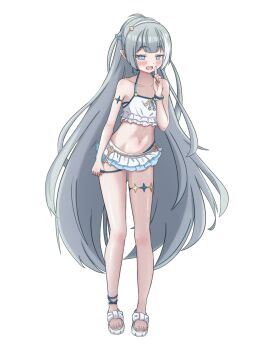 Rule 34 | 1girl, :d, bare shoulders, blue eyes, commentary, entdraw, female tyrant (stella sora), female tyrant (swimsuit) (stella sora), frills, full body, grey hair, heart, heart-shaped pupils, highres, key, legband, long hair, looking at viewer, navel, open mouth, pointy ears, smile, solo, stella sora, symbol-shaped pupils, transparent background, tyrant (stella sora), very long hair
