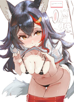 2girls absurdres alternate_costume animal_ear_fluff animal_ears bikini black_bikini black_hair blush breasts clothes_in_mouth commentary hair_between_eyes hair_ornament highres hololive large_breasts long_hair mouth_hold multicolored_hair multiple_girls navel ookami_mio pants red_hair red_pants shirt shirt_in_mouth simple_background speech_bubble sweatdrop swimsuit symbol-only_commentary tail tazrn1 virtual_youtuber white_shirt wolf_ears wolf_girl wolf_tail yellow_eyes