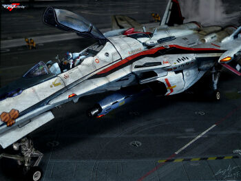 1boy cockpit gunpod hangar helmet highres macross macross_frontier male_focus mecha open_cockpit pilot_suit robot s.m.s. saotome_alto solo thumbs_up vehicle_focus vf-25