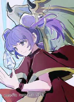 1girl blush closed_mouth dragon_girl dragon_wings dragonstone dress fire_emblem fire_emblem:_the_sacred_stones green_wings long_hair multi-tied_hair myrrh_(fire_emblem) nintendo purple_eyes purple_hair red_dress red_eyes rennnge smile solo split_mouth twintails wings