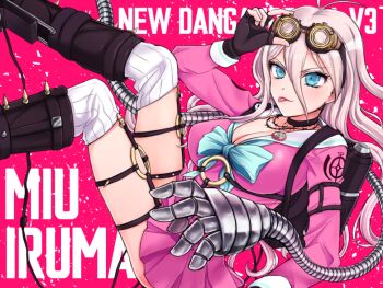 1girl adjusting_goggles antenna_hair auag_(sugar_and_spice) badge barbed_wire black_boots black_choker black_gloves blonde_hair blue_bow blue_eyes boots bow breasts button_badge character_name choker cleavage collared_shirt commentary_request copyright_name danganronpa_(series) danganronpa_v3:_killing_harmony eyelashes fingerless_gloves gloves goggles goggles_on_head hair_between_eyes iruma_miu kneehighs long_hair mechanical_arms pink_background pink_serafuku pink_shirt pink_skirt sailor_collar school_uniform serafuku shirt skirt skirt_set socks solo spikes tongue tongue_out white_sailor_collar white_socks