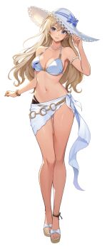 1girl alicia_blanche anklet armlet bead_necklace beads belly_chain bikini black_bikini blonde_hair blue_bow blue_eyes bow bracelet breasts full_body hair_between_eyes hat hat_bow highres jewelry large_breasts long_hair looking_at_viewer nail_polish navel necklace official_alternate_costume official_art parted_lips sarong slippers solo solo_leveling solo_leveling:_arise stomach sun_hat swimsuit toenail_polish toenails transparent_background white_bikini white_hat white_nails white_sarong
