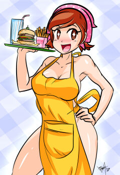 +_+ 1girl apron blush breasts brown_eyes brown_hair burger collarbone cooking_mama curvy female_focus food french_fries glasses hand_on_own_hip headscarf holding holding_tray jeremy_mendoza large_breasts mama_(cooking_mama) mature_female naked_apron no_bra no_panties open_mouth shiny_skin short_hair sideboob smile standing symbol-shaped_pupils thighs tongue tray yellow_apron