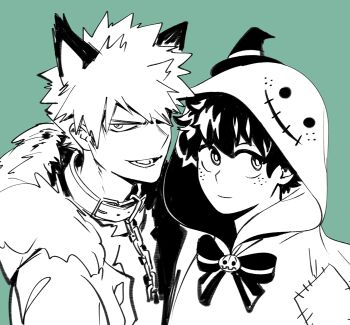 Rule 34 | 2boys, 5mll3, animal ears, bakugou katsuki, belt buckle, belt collar, boku no hero academia, bow, bowtie, buckle, chain, closed mouth, collar, freckles, fur-trimmed hood, fur trim, ghost costume, green background, greyscale with colored background, hair over one eye, halloween costume, hat, hood, hood up, hooded jacket, jack-o'-lantern ornament, jacket, kemonomimi mode, looking at viewer, looking to the side, midoriya izuku, mini hat, mini witch hat, multiple boys, official alternate costume, one eye covered, open mouth, parted bangs, short hair, sideways glance, simple background, smile, spiked hair, upper body, witch hat, wolf boy, wolf ears