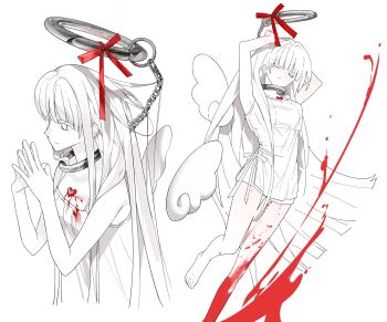 1girl angel angel_wings blood blood_on_leg colored_eyelashes commentary_request cuffs detached_wings dmdrk_(ha_ha) halo handcuffs highres korean_commentary long_hair mini_wings multiple_views original red_ribbon ribbon simple_background steepled_fingers very_long_hair white_background white_eyes white_hair wings